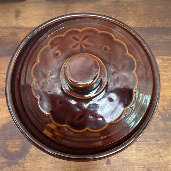 Vintage Marcrest Stoneware Cookie Jar Brown Glazed Daisy Dot Pattern Made in USA - Picture 5 of 14